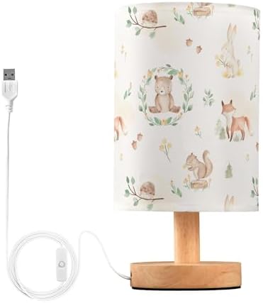 Table Lamp Woodland Animal Fox Bear Squirrel Rabbit Hedgehog Floral Branch Nightstand Lamp with Wood Base Fabric Lamp Shade Bedside Desk Lamp for Living Room Bedroom Kids Room Office