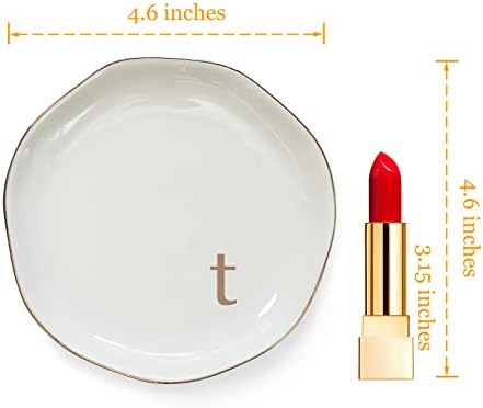 HOME SMILE Initials Ring Dish Jewery Tray with Personalized T-Monogrammed Engagement Wedding Gifts for Friends,Sister,Birthday Christmas Gifts for Women,Ceramic White