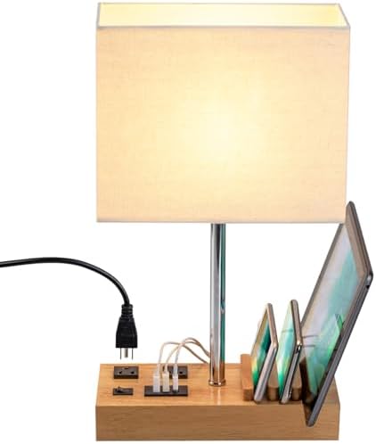 Briever USB Table Lamp, Multi-Functional Desk Lamp with 2 AC Outlets, Bedside Lamp with 3 USB Charging Ports and Wooden Phone Stands, Nightstand Lamp for Bedroom, Livingroom, Office, Natural Wood