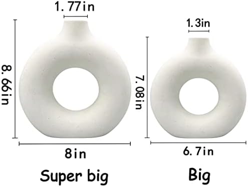 QLOFEI White Ceramic Vases Set of 2, Round Matte Modern Vase for Home Decor, Donut Ceramic Design Pampas Grass Vases for Living Room Coffee Table Decor, Boho Style for Gift