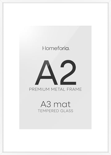 Homeforia A2 White Picture Frame, High-End Metal, A3 Mat, Glass