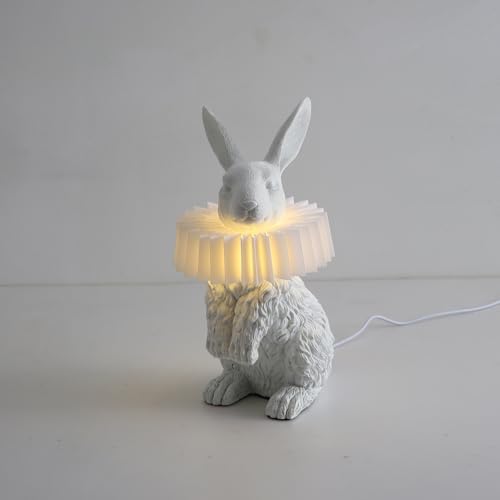 Cute Scarf Bunny Table Lamp, Resin Rabbit Nightstand Lamp with White Pleated PC Lampshade, USB Plug Energy Efficient LED Night Light, Kids Bedside Lamp for Bedroom Nursery Room Decor