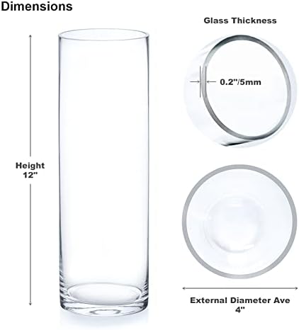 Enova Floral Cylinder Glass Vase - 4 x 12 Inches Round Large Flower Vase, Tall Pillar Candle Holder, Wedding Centerpiece (1 Piece)