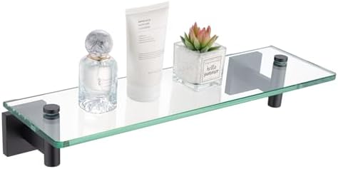 KOKOSIRI Bathroom Shelves Glass Floating Shelf 12-Inch for Bedroom, Living Room, Kitchen, Small Hanging Rack Rustproof Wall Mounted Black B1105BK-L12