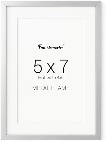 Fun Memories 5x7 Metal Picture Frame - 5 x 7 Aluminum Photo Frames with 4x6 Removable Mat- Ideal for Wall or Tabletop Display - Wall Hook Hanging Hardware Included (Silver, 1 Pack)