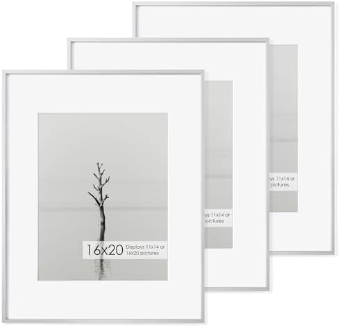 16x20 Metal Picture Frame with 11x14 Mat, Brushed Aluminum Finish, Tempered Glass Front, and Attached Hanging Hardware - Versatile Wall Display Frames for Vertical or Horizontal Orientation(Silver, Pack of 3)
