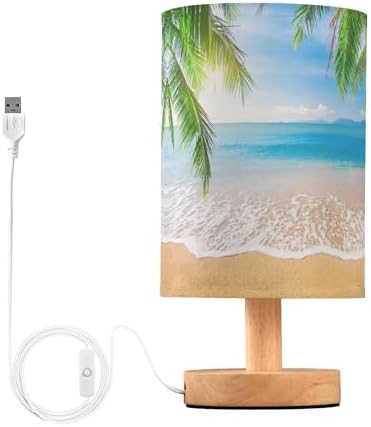 Table Lamp Palm Leaf Tropical Beach Summer Blue Ocean Sky Nightstand Lamp with Wood Base Fabric Lamp Shade Bedside Desk Lamp for Living Room Bedroom Kids Room Office