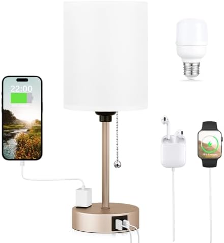 Small Bedside Table Lamp for Bedroom, Desk Lamp with USB Ports for Dorm