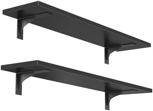 HOOBRO Floating Shelves for Wall, 23.6" Wall Mounted Shelves Set of 2, Hanging Storage Shelf with Metal Brackets, Wooden Shelf for Living Room, Bedroom, Bathroom, Black BK62BJP201G1