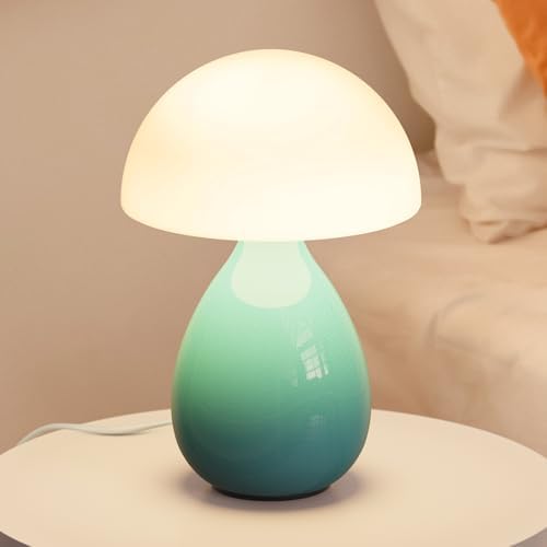 Mushroom Side Table Lamp, Mini Modern Lamp Small Vintage Table Bedside Nightstand Light, Small Light Dimmable for Bedroom, Living Room, Ceramic Base Glass Led Home Decor for Woman Gifts