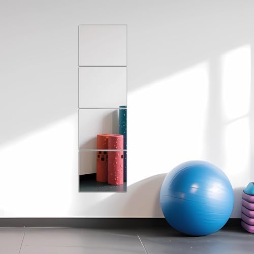 Glass Full Length Mirror Tiles, 14" x 12" x 4PCS Home Gym Mirror for Wall | Frameless Wall Mounted Mirror for Garage, Bedroom, Living Room, Over The Door