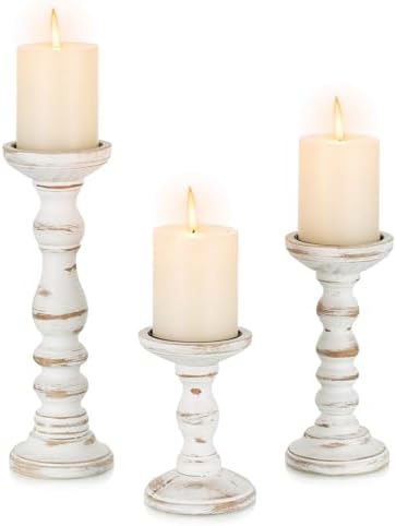 Candeldo Wood Candle Holders for Pillar, White Farmhouse Fireplace Decor
