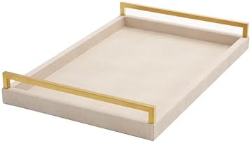 Ivory Shagreen Leather Serving Tray with Gold Handles-17.7x11.8 Inch Large Wooden Decorative Ottoman Tray fro Coffee Table, Kitchen, Dining, and Home Decor (Ivory)