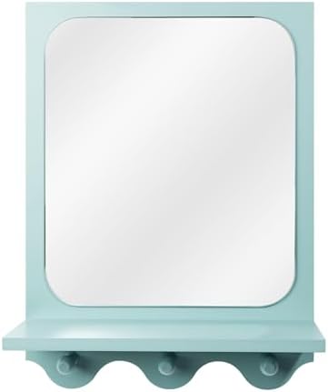 16 x 12 Inch Wooden Framed Wall Mounted Mirror with Shelf and 3 Hooks, Small Real Glass Entryway Hanging Mirror for Bedroom Bathroom Living Room, Blue