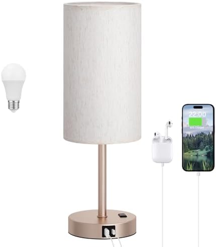 Dicoool 17.4" Bedside Lamp for Bedroom - Dimmable Touch, USB A+C, AC Outlet
