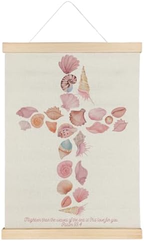 SereneHanctuary Pink Coastal Beach Christian Wall Art, Bible Verse Wall Decor, Psalm 93:4 Scripture Pink Seashell Poster Hanger Frame for Girls Bedroom Home Church Decor, 12x16 Inches