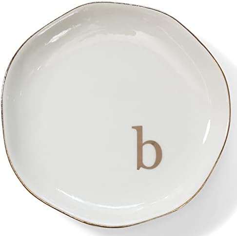 HOME SMILE Initials Ring Dish Jewery Tray with Personalized B-Monogrammed Engagement Wedding Gifts for Friends,Sister,Birthday Christmas Gifts for Women,Ceramic White