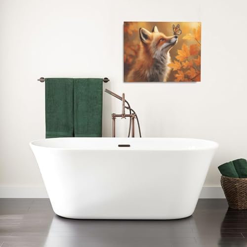Fall Fox Decor Wall Art Autumn Pictures Maple Leaf Canvas Prints Painting Cute Fox Artwork Home Decoration for Bathroom Bedroom Living Room Framed Gifts 16"x20"