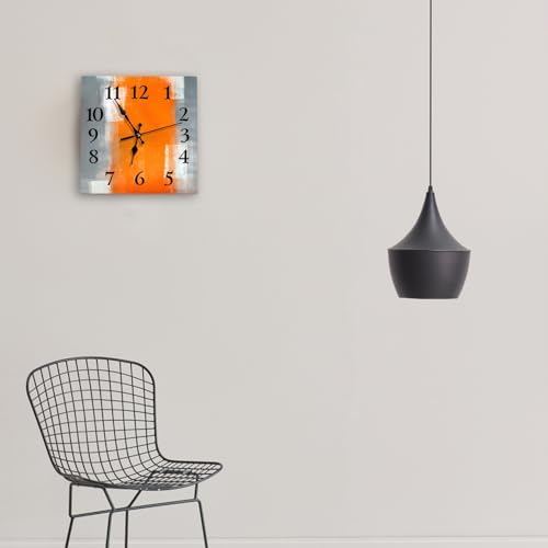 LOKMU Silent Non Ticking Clock 12 Inch, Square Wall Clock,Decorative for Living Room, Kitchen, Home,Bathroom, Bedroom, Office or School Grey and Orange Abstract Art Painting