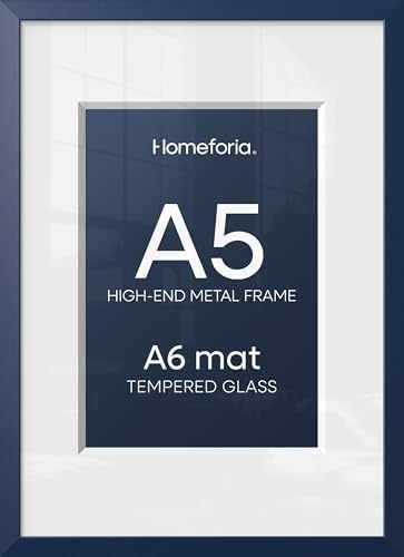 Homeforia A5 Blue Picture Frame, High-End Metal, A6 Mat, Glass