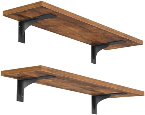 HOOBRO Floating Shelves for Wall, 15.7" Wall Mounted Shelves Set of 2, Hanging Storage Shelf with Metal Brackets, Wooden Shelf for Living Room, Bedroom, Bathroom, Rustic Brown and Black BF42BJP201G1