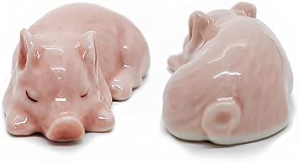 WitnyStore Tiny 1¾" Long Pink Sleeping Baby Pig Figurine - Miniature Hand Made Painted Ceramic Pigs Swine Hog Piglet Livestock Farm Animals Cute Porcelain Decorative Collectible Figures Décor Gifts