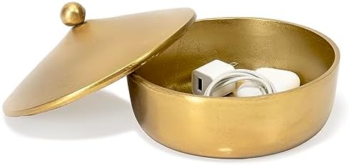 Red Co. 7” Dia Round Antique Decorative Textured Metal Bowl with Dome Knob Lid, Gold