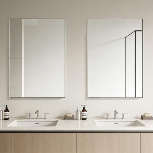 Bathroom Mirror for Wall, 36x24 Inch Framed Vanity Mirror Brushed Nickel | Rectanglar Metal Beveld Framed Mirror for Over Sink, Tempered Glass, Anti-Rust, Hangs Horizontally or Vertically