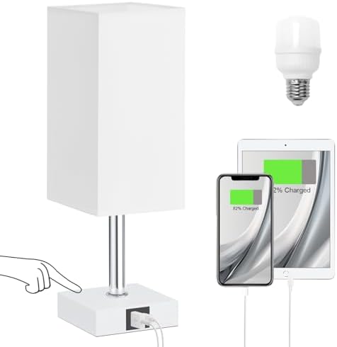 Touch Table Lamp for Bedroom - Dimmable, USB C+A, White Lamphade White Base