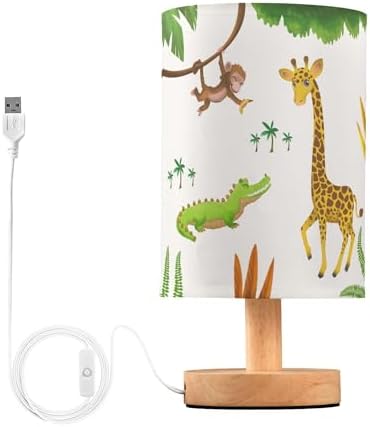 Table Lamp African Animal Giraffe Crocodile Monkey Palm Tree Jungle Leaf Nightstand Lamp with Wood Base Fabric Lamp Shade Bedside Desk Lamp for Living Room Bedroom Kids Room Office