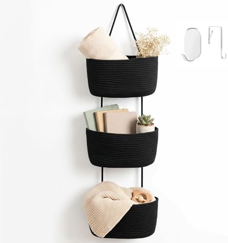 Hanging Basket, Over Door Organizer, 3 -Tier Wall Basket with Hooks (Modern)