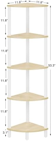 VIMBER Corner Shelf, 5-Tier Corner Bookshelf, Industrial Corner Ladder Shelf, Rustic Display Shelf for Living Room, Bedroom, Kitchen, Home Office, White and Nature Wood Color UJSJ001Q
