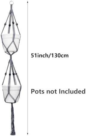 Belit 2 Pack Double Macrame Plant Hangers 2 Tier Hanging Planter Basket Decorative Flower Pot Holder Rope for Indoor Outdoor Home Decor 51 Inch, Grey