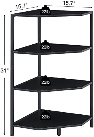 VECELO 31 Inch Corner Shelf, 4-Tier Display Shelves, Wood Storage Stand with Metal Frame, Multipurpose Shelving Unit for Small Space, Home Office, Black