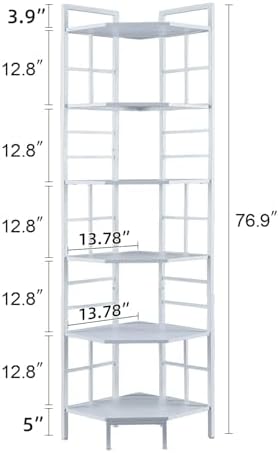 HOMISSUE Corner Shelf, 6 Tier Tall Narrow Bookshelf 76.9", Industrial Corner Bookcase with Storage for Home Office Living Room and Bedroom, White