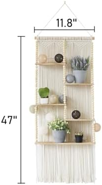 Macrame Wall Shelf Boho Hanging Organizer Floating Plant Shelf 11.8"W*47"L
