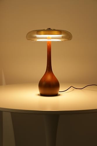Small Table Lamp for Bedroom, Wooden Base, Teardrop Mushroom, H 12.4 In
