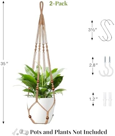 LEWESU Jute Macrame Plant Hanger Indoor Set of 2 Hanging Planter Basket Flower Pot Holder with Decorative Wood Beads & No Tassels for Indoor Outdoor Boho Home Decor, 35 Inch Brown (Pots Not Included)