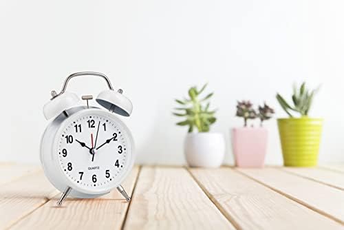 Bernhard Products Analog Alarm Clock Extra Loud Twin Bells Retro White 4 Inch Silent Non-Ticking Quartz Battery Operated with Backlight, Decorative Bedside Table Desk Vintage Clocks for Heavy Sleepers