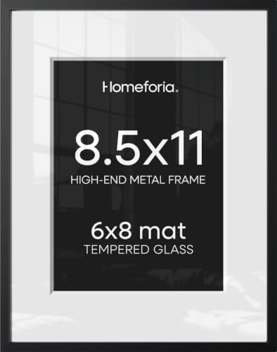Homeforia 8.5x11 Black Picture Frame, High-End Metal, 6x8 Mat, Glass