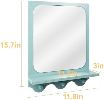 16 x 12 Inch Wooden Framed Wall Mounted Mirror with Shelf and 3 Hooks, Small Real Glass Entryway Hanging Mirror for Bedroom Bathroom Living Room, Blue