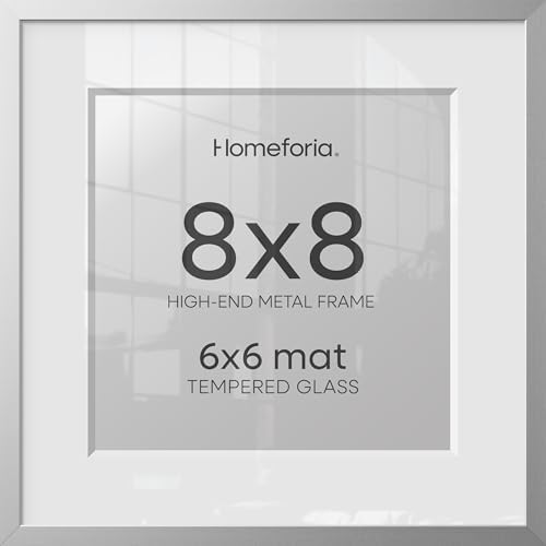Homeforia 8x8 Silver Picture Frame, High-End Metal, 6x6 Mat, Glass