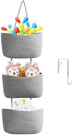 TeoKJ Over the Door Hanging Basket, 3-Tier Woven Cotton Wall-Mounted Storage Organizer Bag Decorative Hanging Nursery Baskets, Gray