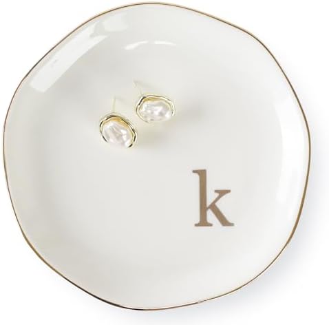 HOME SMILE Initials Ring Dish Jewery Tray with Personalized K-Monogrammed Engagement Wedding Gifts for Friends,Sister,Birthday Christmas Gifts for Women,Ceramic White
