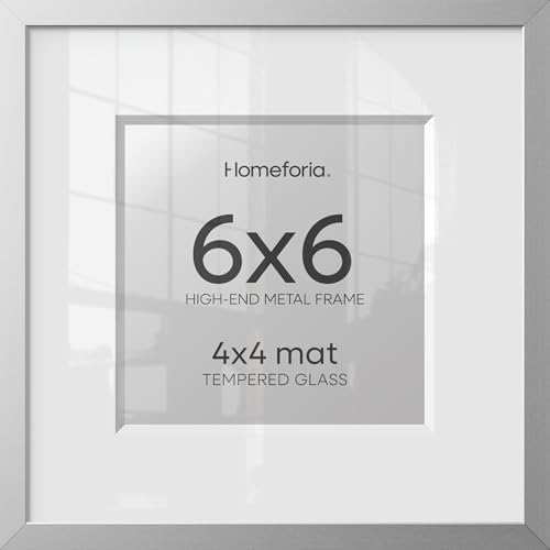 Homeforia 6x6 Silver Picture Frame, High-End Metal, 4x4 Mat, Glass