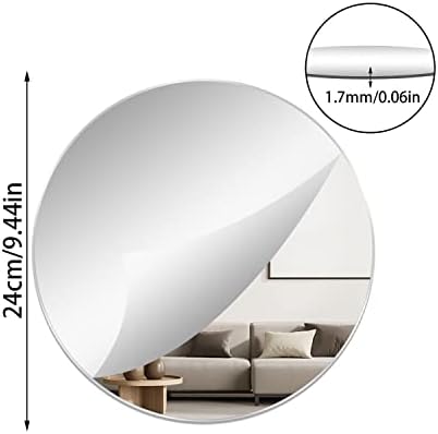 9.44" Round Acrylic Mirror Tile, 2Pcs Flexible Plastic Wall Mirror | 0.06" Thick Acrylic Mirror Sheet with Tapes, Circle Mirror for Wall, Home Decor, Round Mirror Tray Plate for Centerpieces