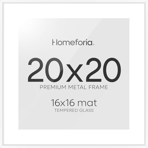 Homeforia 20x20 White Picture Frame, High-End Metal, 16x16 Mat, Glass