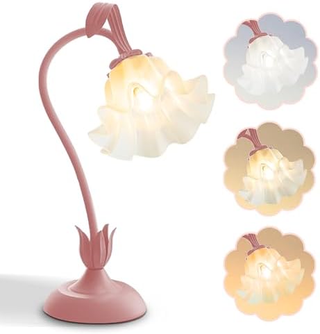 Flower Table Lamp, LED Reading Light Bedside Vintage Night Light (Pink)