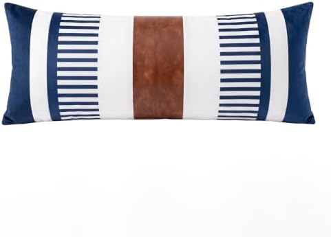 14x36 Lumbar Pillow Cover, Navy Blue Stripe and Brown Faux Leather Color Block Long Throw Pillow Case for Couch Bed Sofa, Farmhouse Modern Decorative Body Cushion Cover for Covered Porch