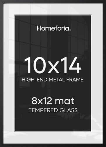 Homeforia 10x14 Black Picture Frame, High-End Metal, 8x12 Mat, Glass